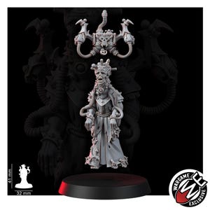 May include: A grey resin miniature figure of a skeletal character wearing a tattered robe, featuring mechanical tubes connected to the head and shoulders, with a separate backpack component. The figure stands 41 mm tall on a 32 mm circular base.