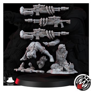 May include: A set of unpainted gray resin miniature parts including three rifles with chain details, a figure torso with a grinning face, a separate head, a limb, and a crouching figure. A scale graphic shows 27 mm height and 50 mm width.