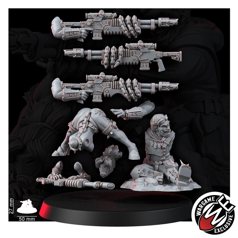 May include: A set of unpainted gray resin miniature parts including three rifles with chain details, a figure torso with a grinning face, a separate head, a limb, and a crouching figure. A scale graphic shows 27 mm height and 50 mm width.