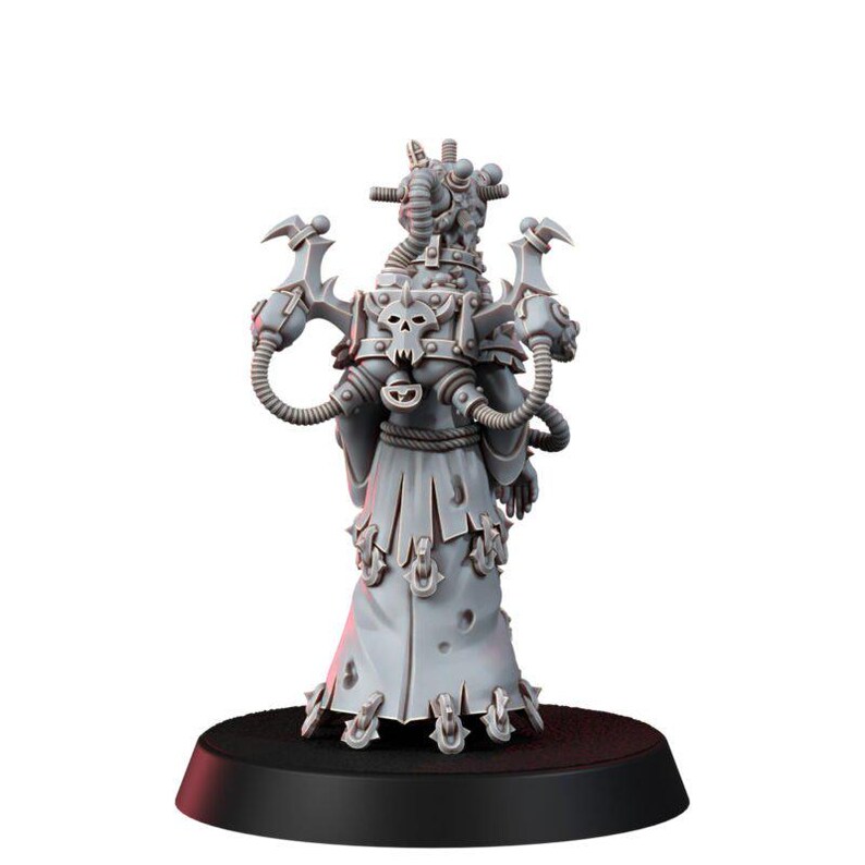 May include: A gray unpainted miniature figure featuring a hooded robe with metallic accents, a skull emblem on the back, and mechanical tubing extending from the shoulders. The figure stands on a circular black base with small metal spikes.
