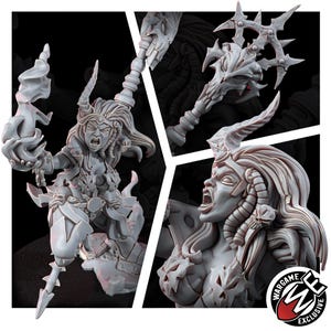 May include: A grey resin miniature figure of a horned warrior with an open mouth, holding a flaming orb and a spiked staff. The figure features skull-themed armour and flowing hair. A circular logo with the text WARGAME EXCLUSIVE is visible.