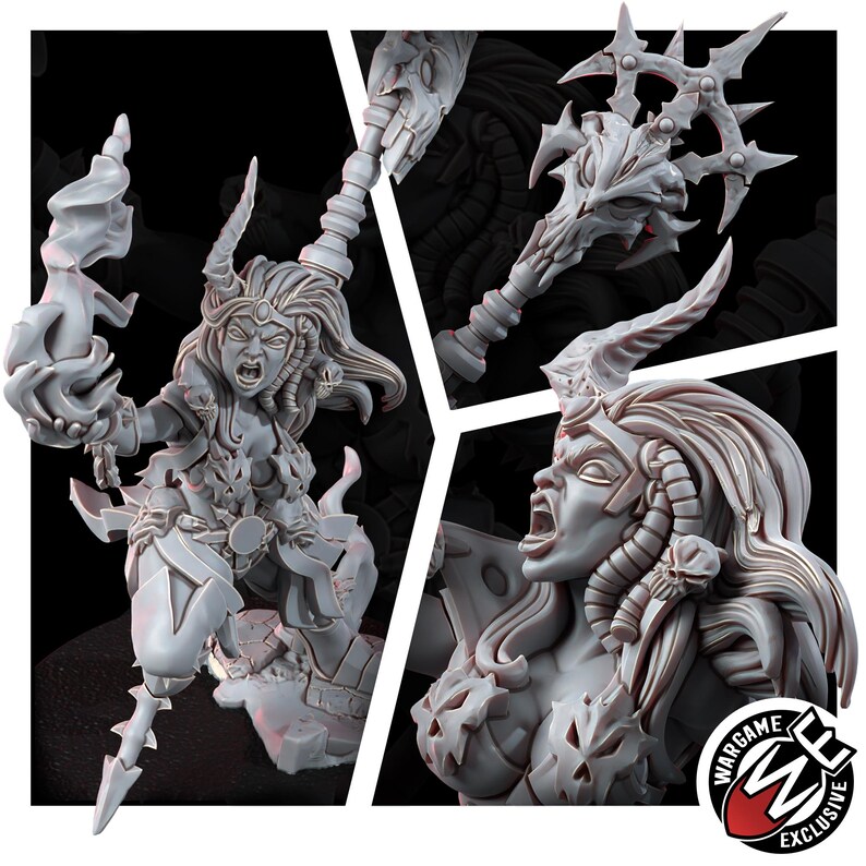 May include: A grey resin miniature figure of a horned warrior with an open mouth, holding a flaming orb and a spiked staff. The figure features skull-themed armour and flowing hair. A circular logo with the text WARGAME EXCLUSIVE is visible.