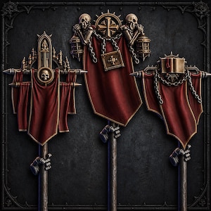 May include: Three vertical banners mounted on dark metal poles, each featuring deep red fabric with gold trim. The designs include metallic skulls, chains, a central cross, a book, and architectural elements, all rendered in a dark, weathered aesthetic.