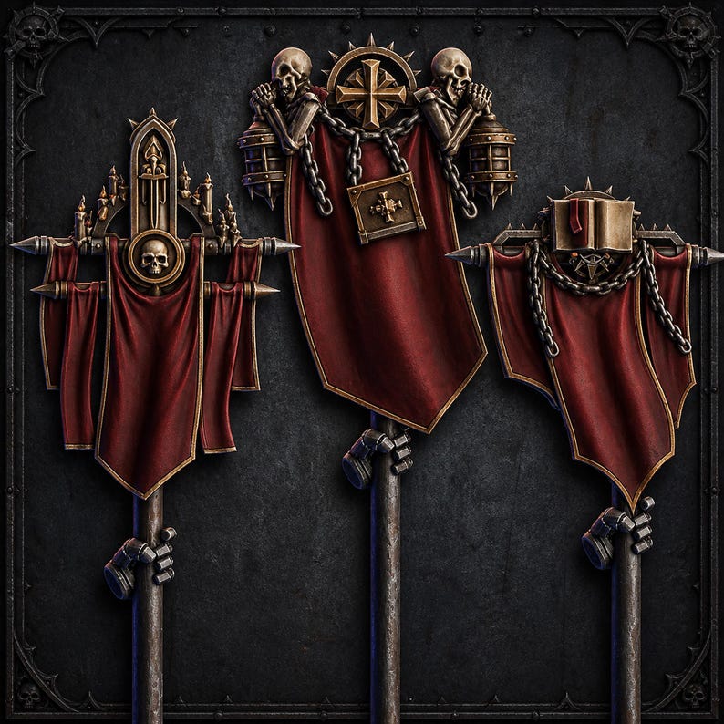 May include: Three vertical banners mounted on dark metal poles, each featuring deep red fabric with gold trim. The designs include metallic skulls, chains, a central cross, a book, and architectural elements, all rendered in a dark, weathered aesthetic.