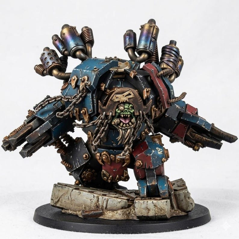 K&ouml;nnte beinhalten: Eine Miniaturfigur eines gr&uuml;nh&auml;utigen Wesens mit Piratenhut und Metallr&uuml;stung. Die Figur verf&uuml;gt &uuml;ber blaue und rote Panzerplatten, Metallketten und Auspuffrohre auf dem R&uuml;cken. Sie steht auf einem strukturierten Steinsockel mit schwarzem Rand.