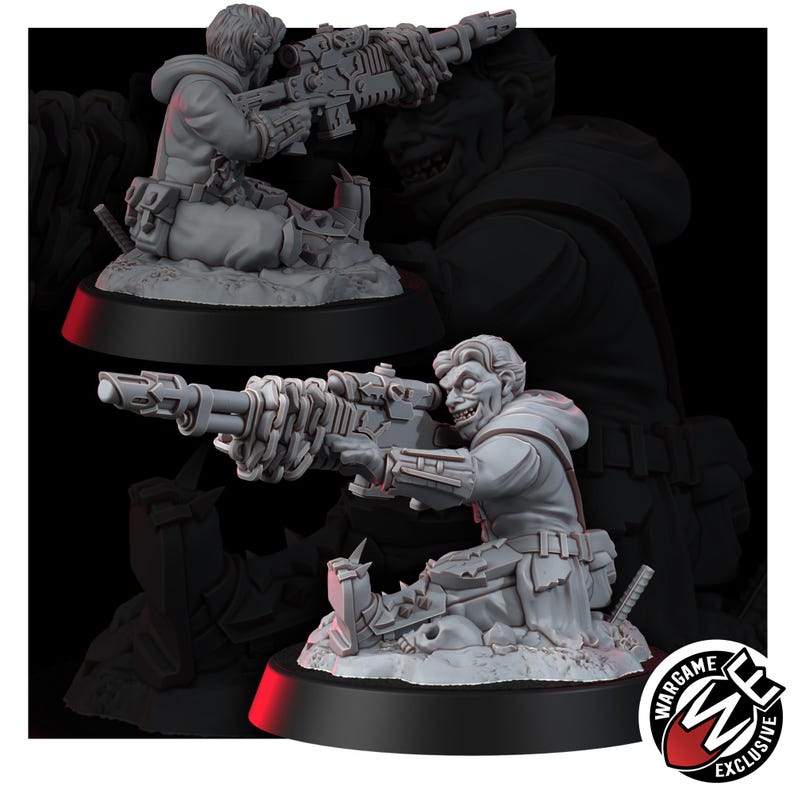 May include: A gray resin miniature figure of a kneeling character aiming a long rifle with a scope. The character has a wide, toothy grin and wears a hooded jacket with pouches. The figure is mounted on a circular black base with a Wargame Exclusive logo.