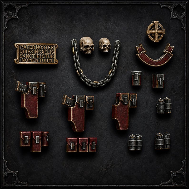 Op de afbeelding: Een verzameling miniatuur spelaccessoires waaronder een rechthoekige plaquette met de tekst PATER NOSTER QUIESINCAELIS SANCTIFIETUR NOMENTUUM, twee kleine schedels verbonden door een metalen ketting, drie holsters, tasjes en ronde emblemen.