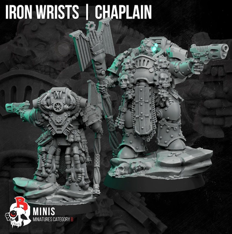 May include: Two unpainted gray resin tabletop gaming miniatures labeled IRON WRISTS | CHAPLAIN. The figures feature intricate mechanical armor, skull motifs, and heavy weaponry, including a large staff and a pistol, standing on rocky bases.