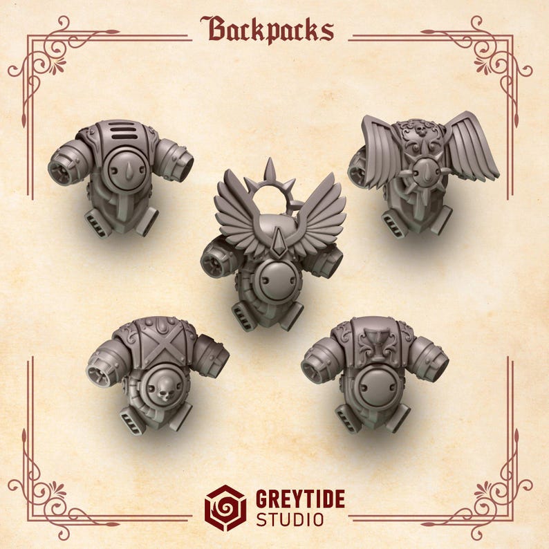 May include: A set of five grey resin miniature backpacks for tabletop gaming figures. The collection includes various designs featuring wings, a skull, a chalice, and geometric patterns, all arranged under the text Backpacks and Greytide Studio.