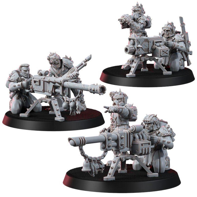 May include: Three sets of unpainted gray miniature figures, each featuring two characters operating a heavy mounted weapon on a circular black base. The figures wear spiked armor and helmets, with some models displaying skulls hanging from the weapon barrels.
