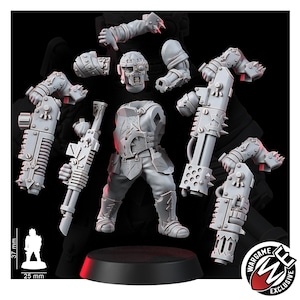 K&ouml;nnte beinhalten: Ein grauer Resin-Miniaturenbausatz mit einem zentralen Torso, einem behelmten Kopf mit Monokel und mehreren austauschbaren Armen, die mit schweren Waffen ausgestattet sind. Eine Skala zeigt eine H&ouml;he von 37 mm und einen Basisdurchmesser von 25 mm.