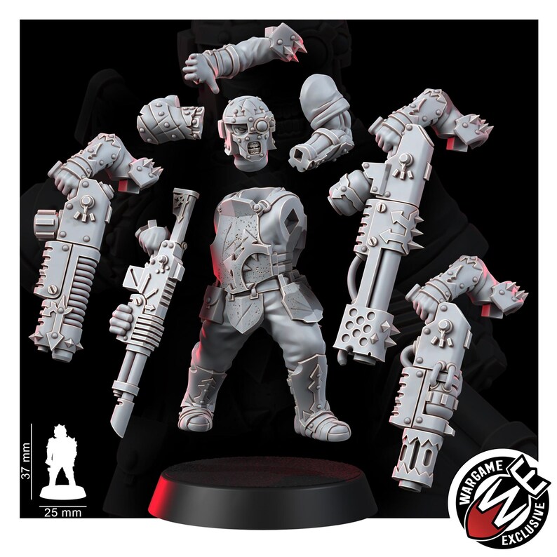K&ouml;nnte beinhalten: Ein grauer Resin-Miniaturenbausatz mit einem zentralen Torso, einem behelmten Kopf mit Monokel und mehreren austauschbaren Armen, die mit schweren Waffen ausgestattet sind. Eine Skala zeigt eine H&ouml;he von 37 mm und einen Basisdurchmesser von 25 mm.