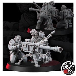 May include: A gray miniature wargaming set featuring two figures operating a heavy mounted cannon on a tripod. The figures wear spiked armor and goggles, with one kneeling and one standing. A chain with skulls hangs from the weapon barrel.
