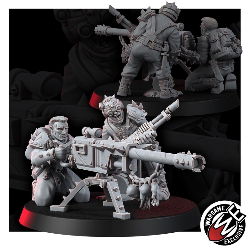 May include: A gray miniature wargaming set featuring two figures operating a heavy mounted cannon on a tripod. The figures wear spiked armor and goggles, with one kneeling and one standing. A chain with skulls hangs from the weapon barrel.