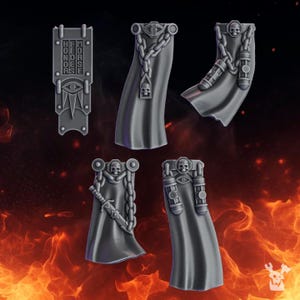 May include: A set of five grey miniature plastic components including one rectangular banner with the text MORSE FIDES HONOR and four flowing capes. Each cape features sculpted details such as chains, skulls, swords, and cylindrical canisters.