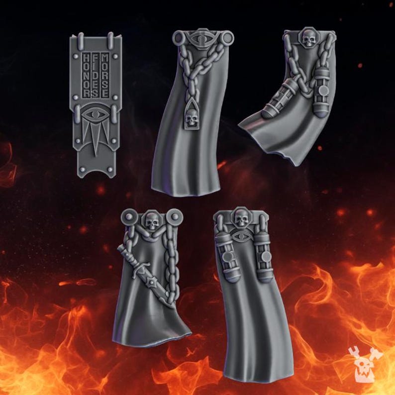 May include: A set of five grey miniature plastic components including one rectangular banner with the text MORSE FIDES HONOR and four flowing capes. Each cape features sculpted details such as chains, skulls, swords, and cylindrical canisters.