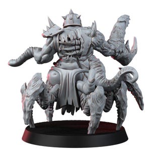 May include: A grey unpainted miniature figure of a monstrous creature with a spiked helmet, a muscular torso with exposed rib-like details, multiple tentacle-like appendages, and several clawed legs, all standing on a circular black base.