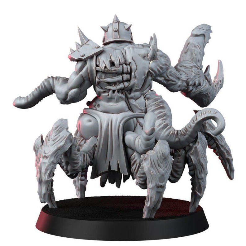 May include: A grey unpainted miniature figure of a monstrous creature with a spiked helmet, a muscular torso with exposed rib-like details, multiple tentacle-like appendages, and several clawed legs, all standing on a circular black base.
