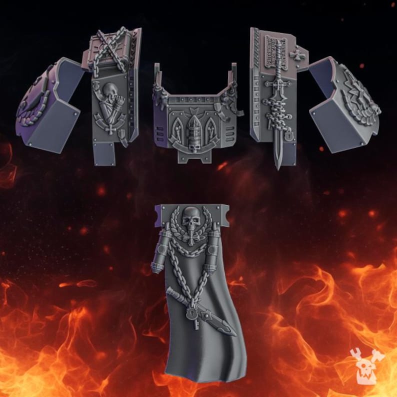 K&ouml;nnte beinhalten: Ein Set aus grauen Miniatur-Kunststoffteilen, bestehend aus zwei Schulterpanzern mit Lorbeer- und Totenkopfmotiven, einem zentralen Brustst&uuml;ck mit Bogenemblem, einer rechteckigen Platte mit Schwert und Kette sowie einem langen Umhang mit Totenkopf- und Kettendesign.