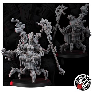 K&ouml;nnte beinhalten: Eine graue Miniaturfigur aus Harz, die einen sitzenden Charakter mit mechanischen Erweiterungen zeigt, darunter eine hohe Kopfbedeckung, eine Schutzbrille und einen Stab mit zahnradf&ouml;rmigem Kopf. Die Figur steht auf einer mehrbeinigen Basis mit Auspuffrohren.