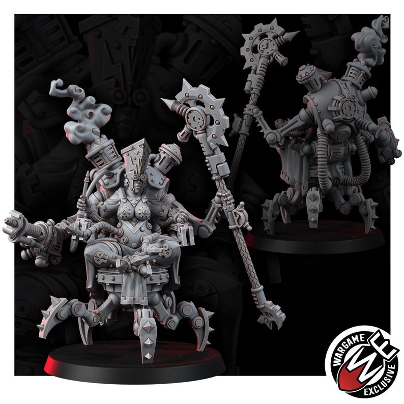 K&ouml;nnte beinhalten: Eine graue Miniaturfigur aus Harz, die einen sitzenden Charakter mit mechanischen Erweiterungen zeigt, darunter eine hohe Kopfbedeckung, eine Schutzbrille und einen Stab mit zahnradf&ouml;rmigem Kopf. Die Figur steht auf einer mehrbeinigen Basis mit Auspuffrohren.