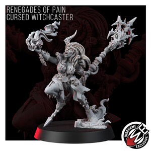 May include: A grey miniature figure titled RENEGADES OF PAIN CURSED WITCHCASTER. The figure features a horned character with an open mouth, holding a flame in one hand and a staff topped with a skull-like ornament in the other, standing on a base.