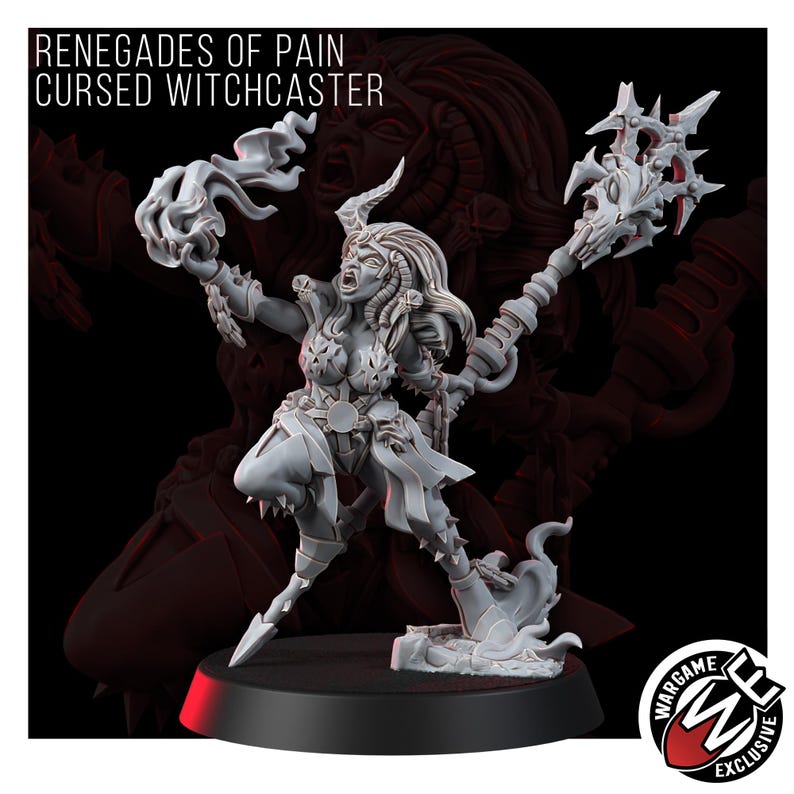 May include: A grey miniature figure titled RENEGADES OF PAIN CURSED WITCHCASTER. The figure features a horned character with an open mouth, holding a flame in one hand and a staff topped with a skull-like ornament in the other, standing on a base.
