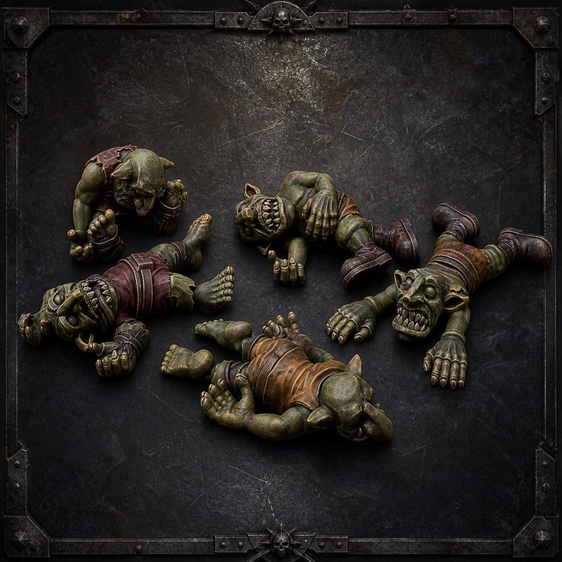 May include: A set of four green-skinned goblin figurines in various prone and seated positions. Each creature features pointed ears, sharp teeth, and wears brown or reddish-brown clothing. The figures are arranged on a dark, textured surface.