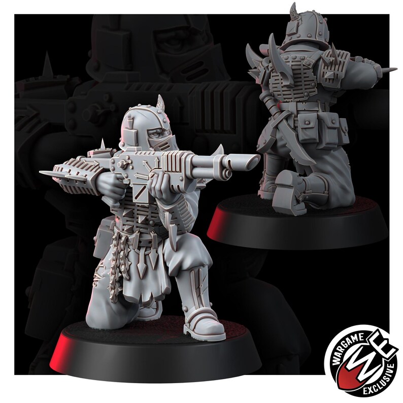 K&ouml;nnte beinhalten: Eine graue Miniatur-Soldatenfigur in kniender Position, die einen Helm mit Stacheln und eine R&uuml;stung mit Kettendetail tr&auml;gt und ein Gewehr h&auml;lt. Die Figur ist auf einem runden schwarzen Sockel montiert. Ein Logo mit dem Text WARGAME EXCLUSIVE ist sichtbar.