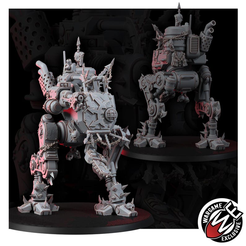 May include: Two grey unpainted miniature bipedal combat walkers with spiked armor plating, mechanical joints, and exhaust pipes. The front walker features a central circular emblem and chains, while the rear walker shows a boxy chassis design.