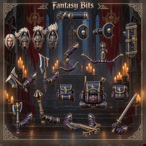 Pode incluir: Uma coleção de componentes de jogos de fantasia em miniatura, incluindo quatro cabeças distintas, uma aljava, dois escudos circulares, um escudo retangular, um arco, uma maça, três machados, uma espada, uma besta e três mochilas, todos com detalhes em azul escuro e dourado.
