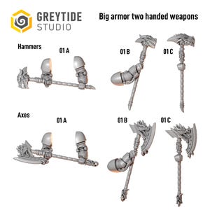 May include: A collection of grey miniature gaming components labeled Greytide Studio Big armor two handed weapons. The set includes three hammer variants and three axe variants, each featuring dragon-themed heads and attached armored shoulder pauldrons.