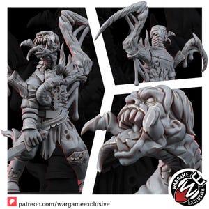 May include: A grey resin miniature figure of a monstrous humanoid creature with sharp teeth, a long tongue, and clawed limbs. The figure wears tattered clothing, holds a blade, and features organic, tentacle-like growths on its torso and back.