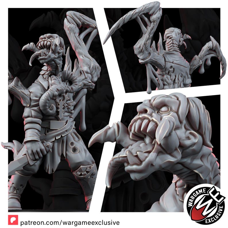 May include: A grey resin miniature figure of a monstrous humanoid creature with sharp teeth, a long tongue, and clawed limbs. The figure wears tattered clothing, holds a blade, and features organic, tentacle-like growths on its torso and back.