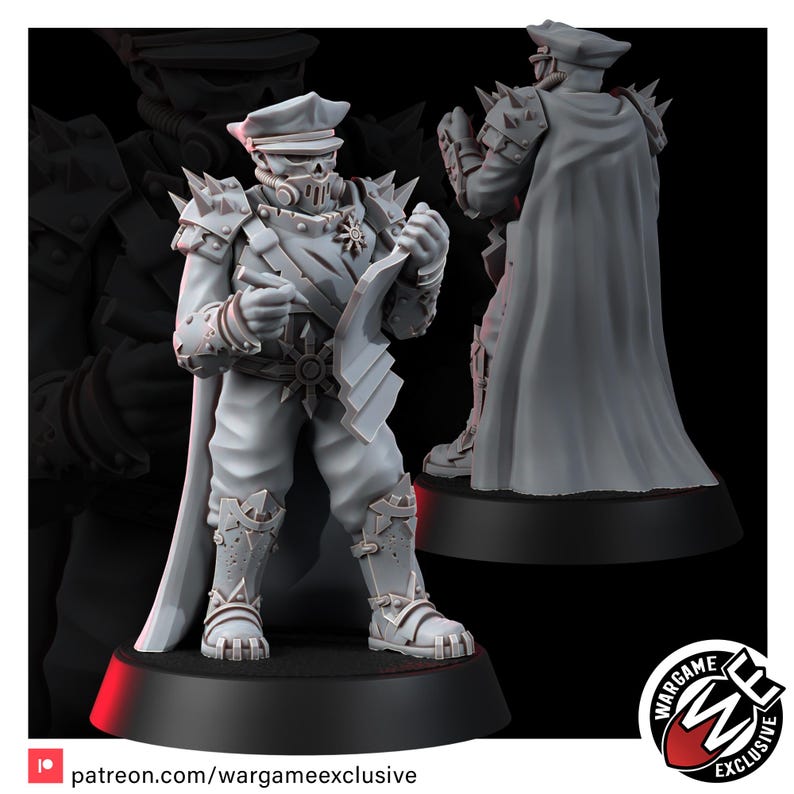 May include: A grey resin miniature figure of a military officer wearing a peaked cap, a skull-like face mask, and spiked shoulder armor. The figure holds a map and a pen, wears a long cape, and stands on a circular black base with detailed boots.