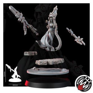May include: A grey resin miniature figure of a female character wearing a tall headdress and goggles, holding a long staff. The set includes a circular base and two stone-like platforms. A diagram shows a total height of 52mm and a 40mm base width.