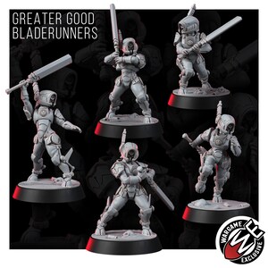 May include: Five grey miniature figurines titled GREATER GOOD BLADERUNNERS, each wearing futuristic armor and helmets with visors, holding large rectangular blades. The figures stand on circular black bases, with a WARGAME EXCLUSIVE logo.