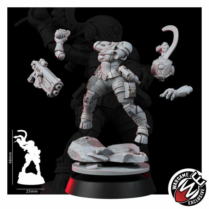 Peut inclure: Un kit de figurine miniature en r&eacute;sine gris clair comprenant un torse, des bras s&eacute;par&eacute;s, une t&ecirc;te casqu&eacute;e et un pistolet, sur une base rocheuse. Un sch&eacute;ma en silhouette indique une hauteur totale de 48mm et une base de 25mm de diam&egrave;tre.