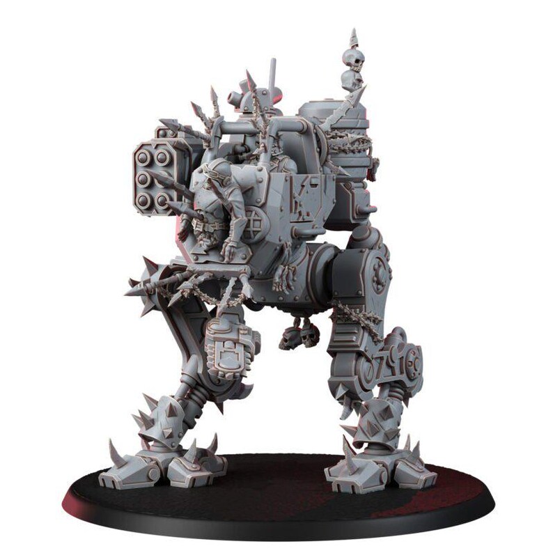 May include: A gray unpainted plastic miniature of a bipedal combat walker featuring spiked armor plating, a multi-barreled weapon system, and a pilot figure seated in an open cockpit. The mechanical walker is adorned with skulls and chains.