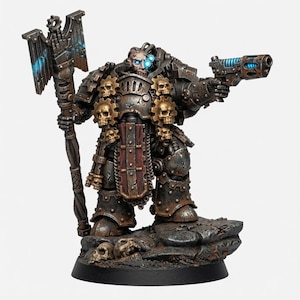 May include: A painted miniature figure of a heavily armored warrior in dark, weathered metal plate armor. The figure features gold-colored skull and gear motifs, a glowing blue eye lens, a large staff with a banner, and a plasma pistol with blue coils.