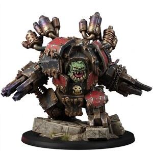 K&ouml;nnte beinhalten: Eine Miniaturfigur eines gr&uuml;nh&auml;utigen Ork-Kriegers in schwerer, verwitterter rot-schwarzer Metallr&uuml;stung. Die Figur verf&uuml;gt &uuml;ber gro&szlig;e Auspuffrohre auf dem R&uuml;cken, zwei am Arm montierte Kanonen und ein Totenkopf-Emblem auf der Brustplatte.