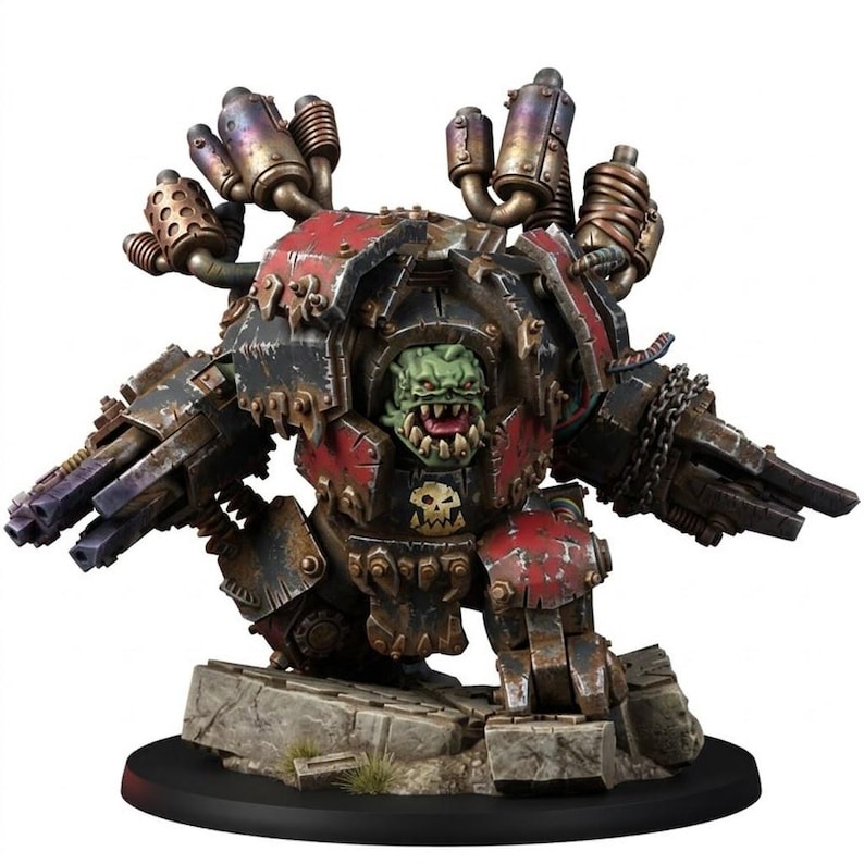 K&ouml;nnte beinhalten: Eine Miniaturfigur eines gr&uuml;nh&auml;utigen Ork-Kriegers in schwerer, verwitterter rot-schwarzer Metallr&uuml;stung. Die Figur verf&uuml;gt &uuml;ber gro&szlig;e Auspuffrohre auf dem R&uuml;cken, zwei am Arm montierte Kanonen und ein Totenkopf-Emblem auf der Brustplatte.