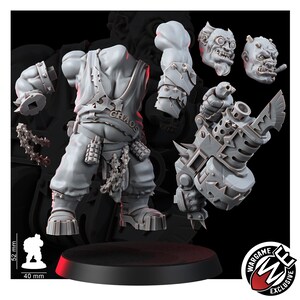 May include: A gray resin miniature kit featuring a headless torso in a tank top with the word CHAOS, two arms with spiked bracers, two distinct heads, and a large heavy weapon. A scale reference shows 52 mm by 40 mm dimensions for the figure.