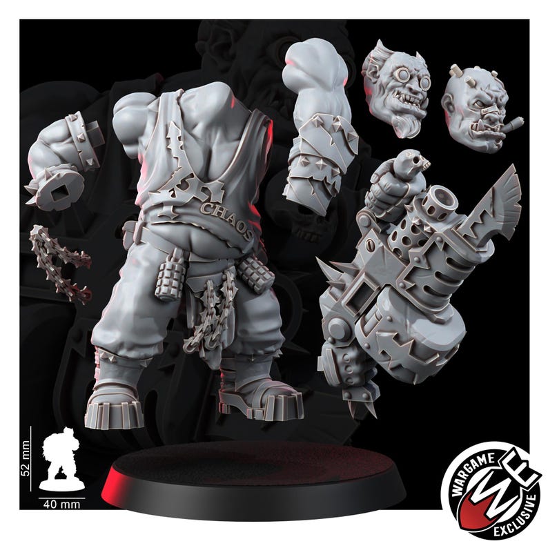 May include: A gray resin miniature kit featuring a headless torso in a tank top with the word CHAOS, two arms with spiked bracers, two distinct heads, and a large heavy weapon. A scale reference shows 52 mm by 40 mm dimensions for the figure.