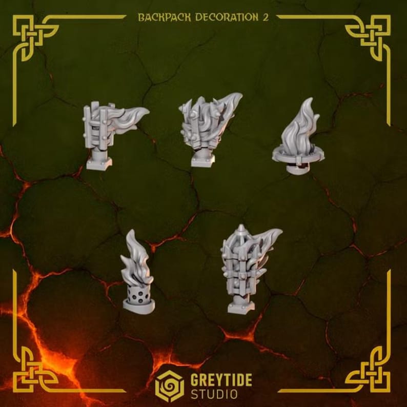 Puede incluir: Cinco decoraciones grises en miniatura para mochila con dise&ntilde;os de llamas. El conjunto incluye estructuras tipo antorcha con detalles de jaula, elementos de fuego esculpidos y bases circulares con patrones perforados. Texto BACKPACK DECORATION 2 y GREYTIDE STUDIO.