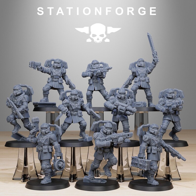 May include: A set of ten grey unpainted miniature soldier figurines from StationForge. Each figure wears tactical armour, a helmet with a visor, and a backpack. They are posed in various action stances, holding rifles, pistols, or melee weapons.