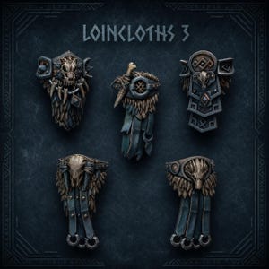 Puede incluir: Cinco accesorios de taparrabos en miniatura para figuras de juego, etiquetados como LOINCLOTHS 3. Cada pieza presenta tonos metálicos oscuros, texturas de piel esculpidas y detalles óseos, incluyendo cráneos y correas con anillos de metal.