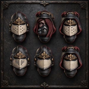 Op de afbeelding: Een verzameling van zes miniatuur helmhoofden voor speelfiguren. De set bevat vijf gepantserde helmen met gouden fleur-de-lis accenten en één hoofd met rood haar en een metalen gezichtsmasker. Verschillende helmen zijn versierd met kleine rode rozen.