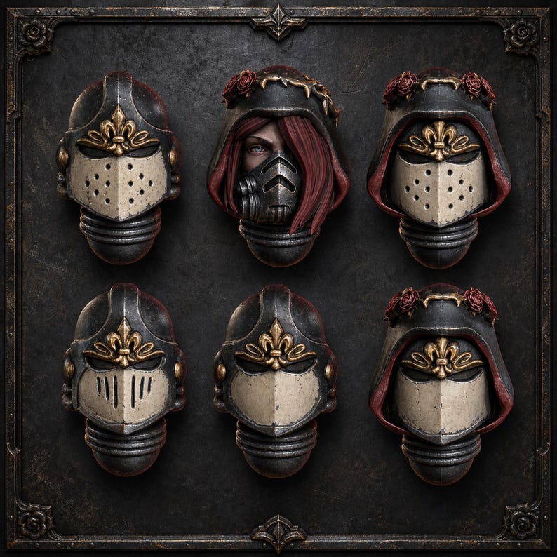 War Sisters Bloody Rose Helmets – 6x 16K Resin Conversion Bits (Grimdark Wargaming) image 1