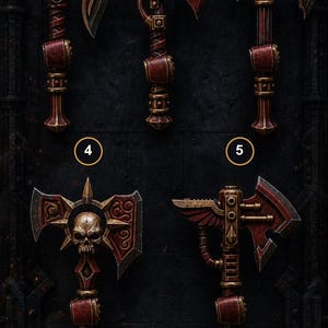 K&ouml;nnte beinhalten: F&uuml;nf verschiedene Fantasy-&Auml;xte in einem Raster angeordnet, jede mit metallischen Bronze- und tiefroten Farbt&ouml;nen. Die Designs umfassen gefl&uuml;gelte Klingen, Totenkopfmotive und komplexe mechanische Details, alle nummeriert von eins bis f&uuml;nf.